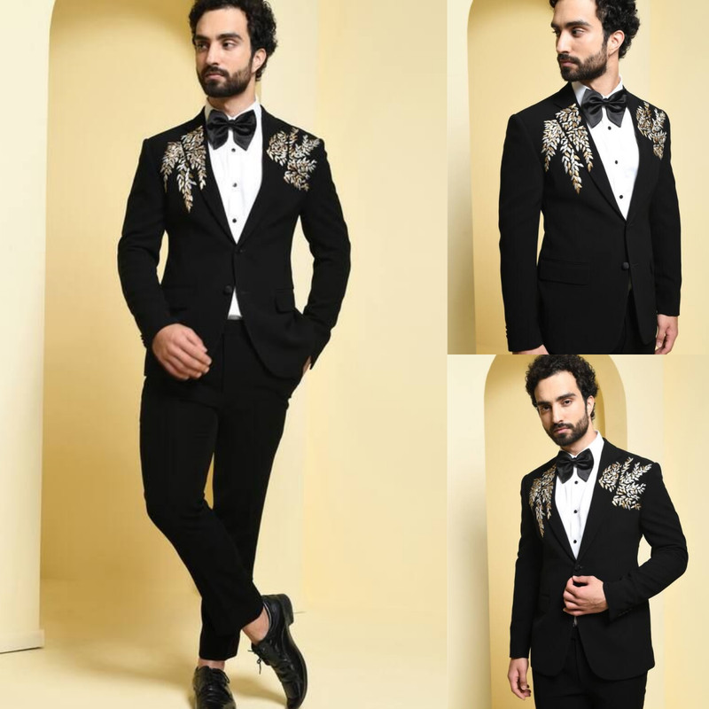 Peak Lapel Coat Mens Suits 2Pcs Black with Gold Appliques Jacket Slim Fit Blazer