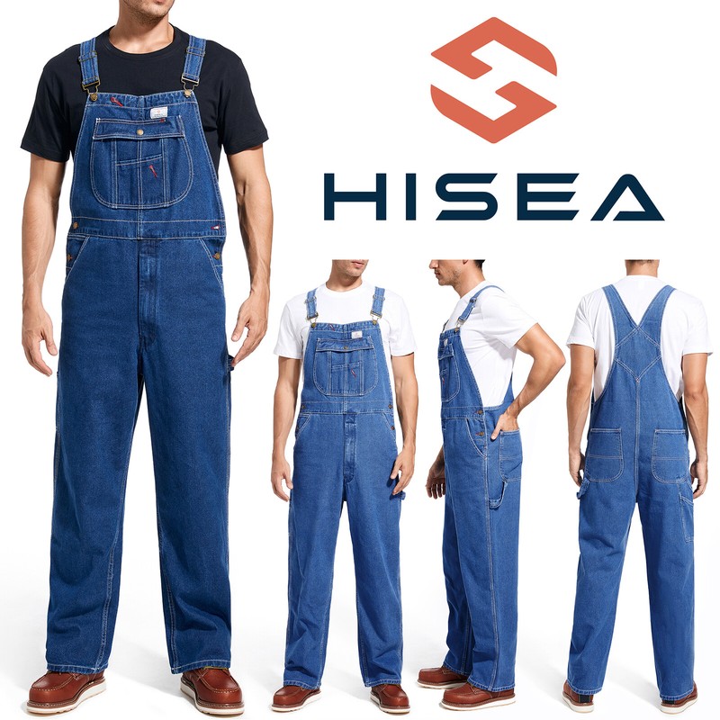 HISEA Men Denim Bib Overall Relaxed Fit Work Dungarees Mechanic Workwear Pockets