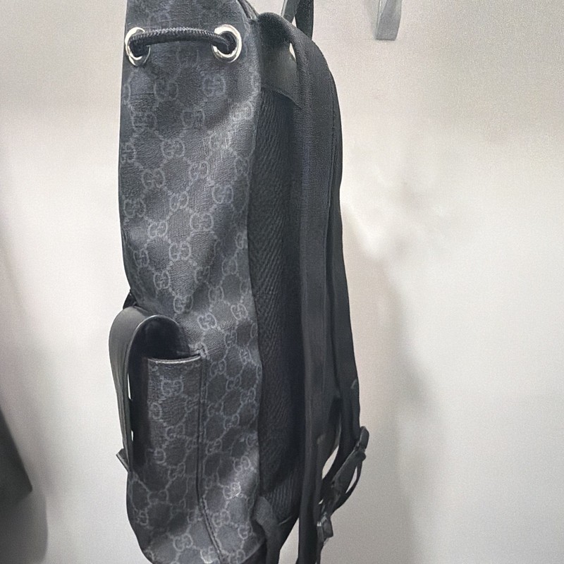 Gucci GG Pattern Backpack Black Gray Red Drawstring Buckle Outer Pockets Men gallery