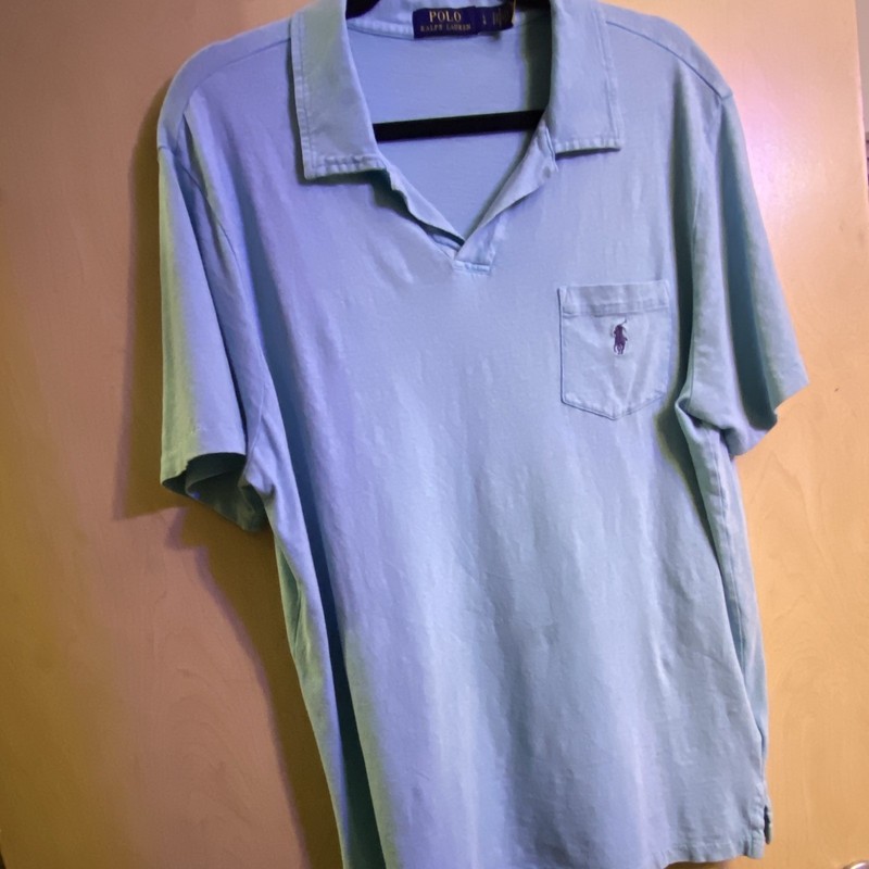 Polo Ralph Lauren Men’s Blue L Short Sleeve Shirt, Cotton Linen, Pocket, Large