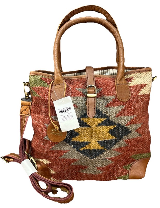 Cbocs Aztec Southwest Jute Cotton Leather Tote Shoulder Bag 12x11x5” Crossbody
