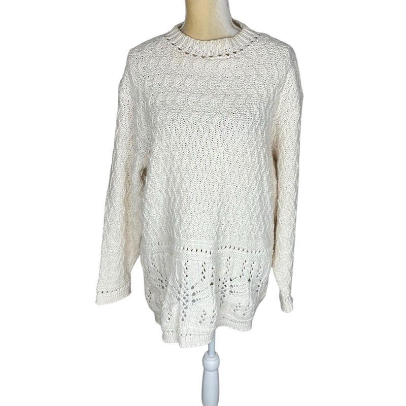 Coldwater Creek Cream Fisherman Knit Sweater Cotton Blend Crew Neck Large