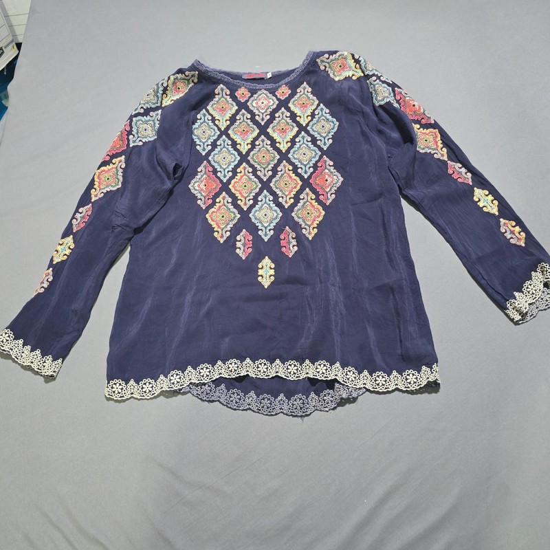 Johnny Was Embroidered Blouse Womens Small Navy Blue Cupra Rayon Boho C18318-8