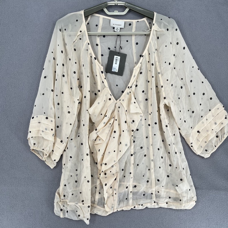 Witchery Top Womens 14 Beige NWT Silk Blouse V Neck Polka Dot Sheer Frill Relax
