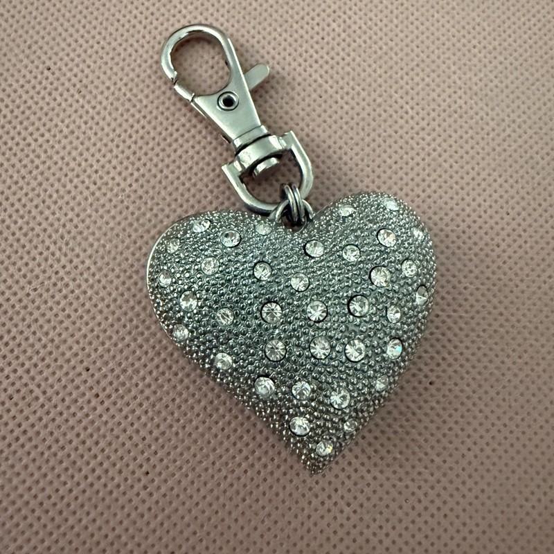 Chico’s Silver Heart Bag Charm Rhinestone Pavé Filigree Keychain Accessory