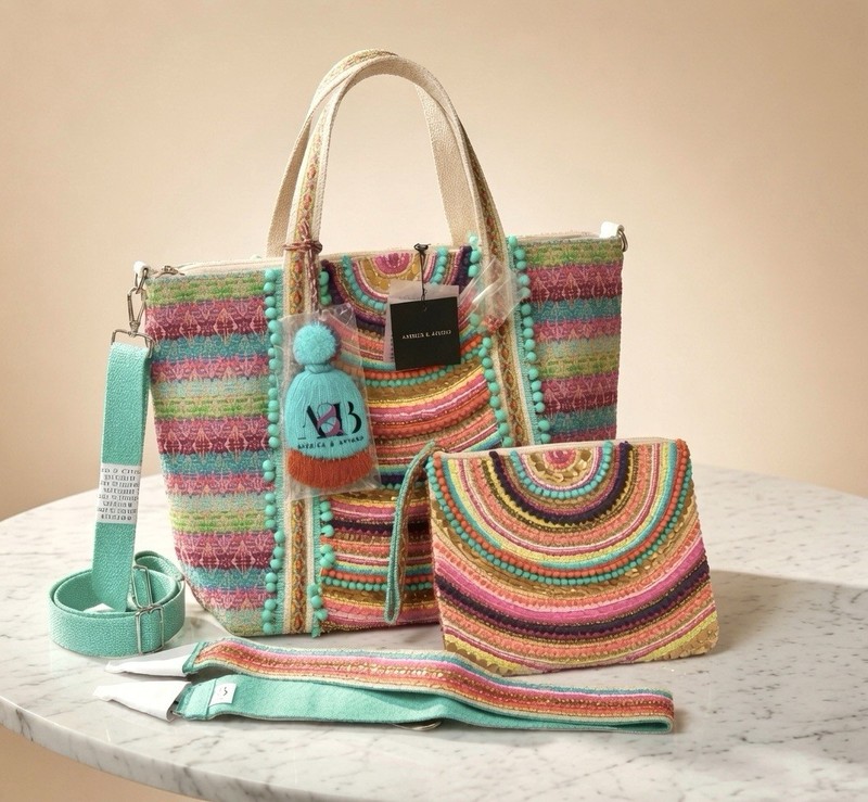 NWT America & Beyond Beaded Embroidered Rainbow Embellished Tote Bags Set Boho