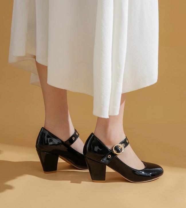 2026 Women’s Shiny Leather Mary Jane Mid Chunky Heel Dress Shoes Pumps Pull On
