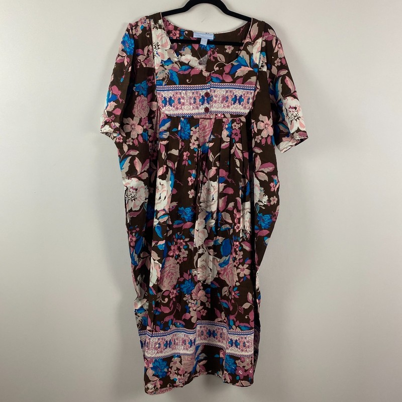 Only Necessities Bib Front Lounger Midi Dress Size 2X Brown Floral Short Sleeve