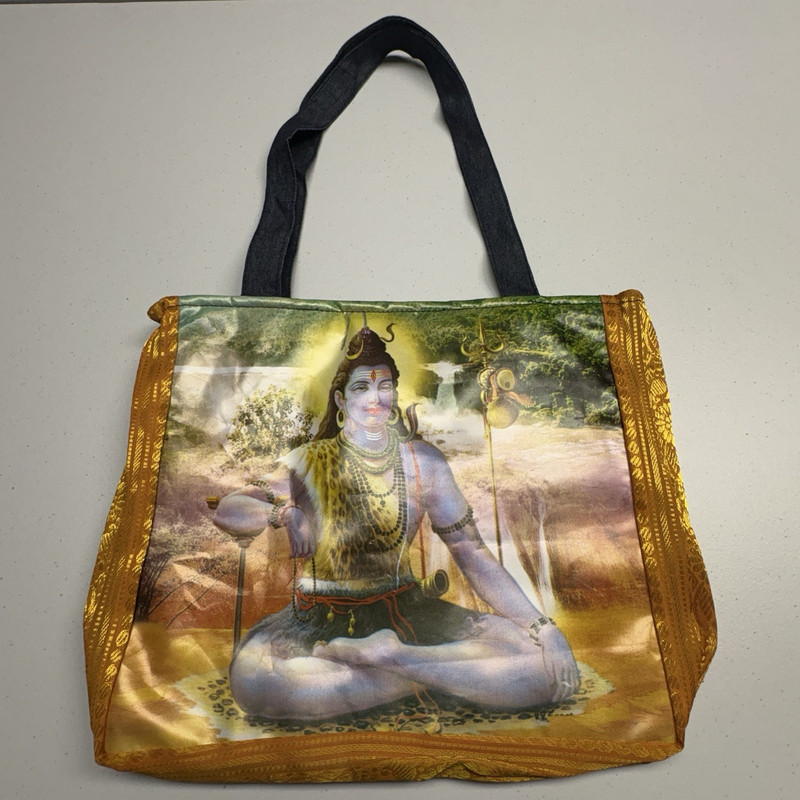 Multicolor Graphic Print Tote Bag Zip Closure Double Handles Blue Straps