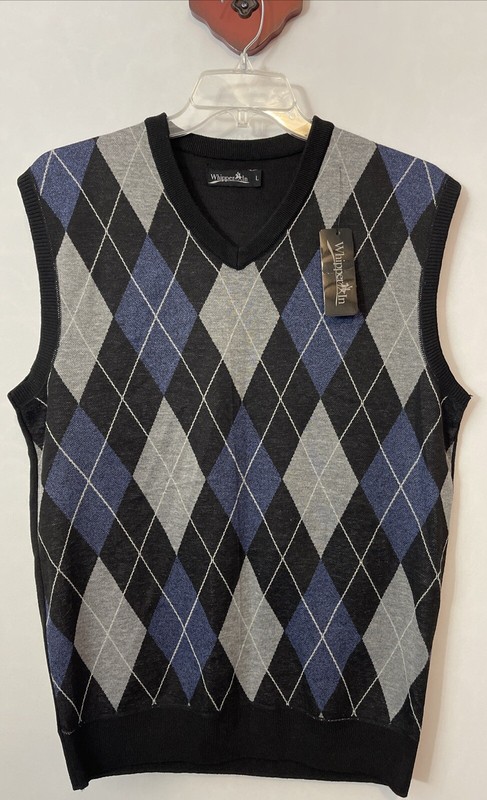 Whipper In Mens Large Black Diamond-Print Sleeveless Sweater Vest NWT! M1487