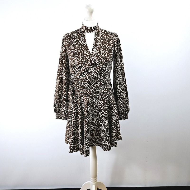 Michelle Keegan – Animal Print Wrap Skater Dress – Brown – Size UK 8
