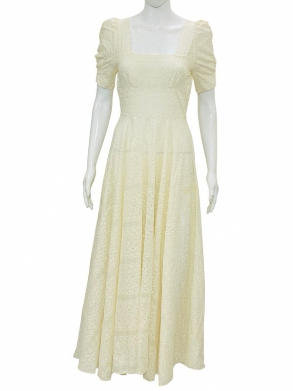 LoveShackFancy Cotton Eyelet Embroidered Puff Sleeve Maxi Dress Cream Size S
