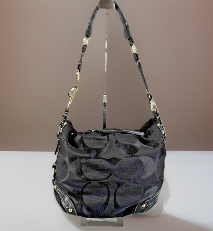 Coach Carly 10619 Black Signature Jacquard Hobo Shoulder Bag Y2K Leather Trim