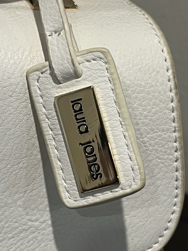 Laura Jones Picnic Summer Bag Woven Straw Base w/ a White Vegan Leather Top Flap gallery