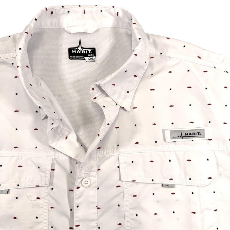 Habit Mens Patriotic White Fishing Shirt Short Slv UPF 40+ Button Down Sz XL