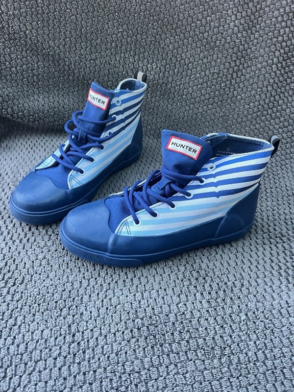 Hunter Unisex Kids Blue/White Striped Ankle High-Top Lace-Up Sneakers 5
