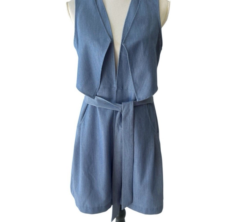 BCBG MAXAZRIA Chambray Belted Layered Long Trench Vest Jacket Sz XS Contemporary