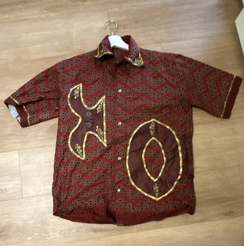 Red Dashiki Cotton Woven Short Sleeve Button Front Collared Shirt Size Large