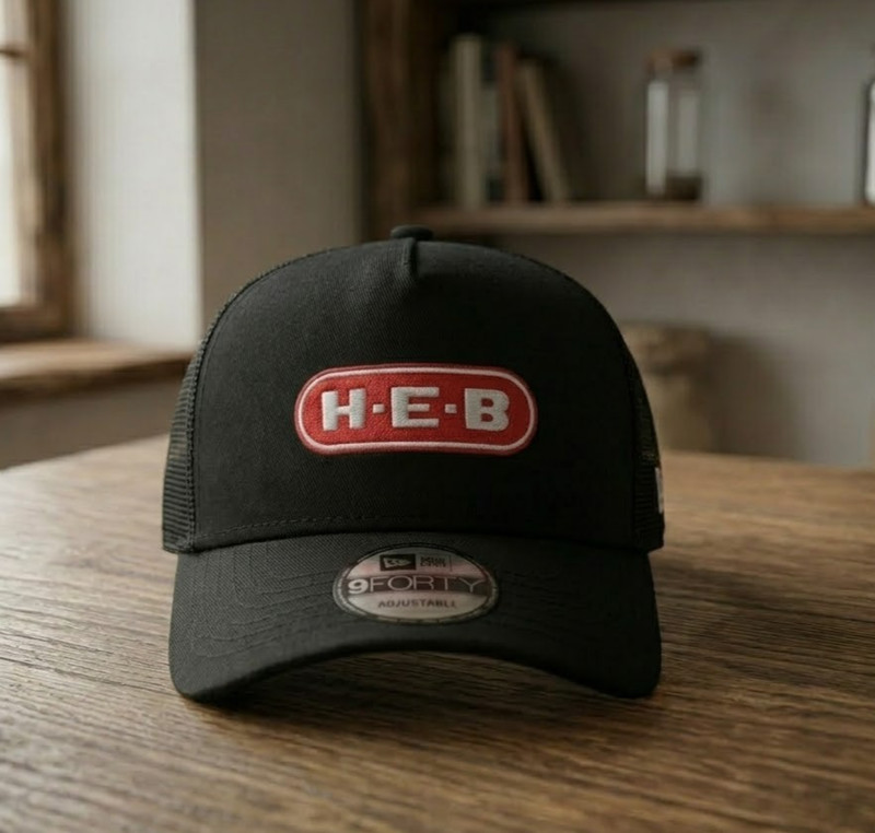 HEB Logo Flat Embroidered Trucker Hat Premium Stitch Adjustable Black Cap