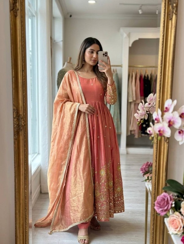 Latest New Satin Silk Pink Gown Bottom With Dupatta For Indian Function Wear