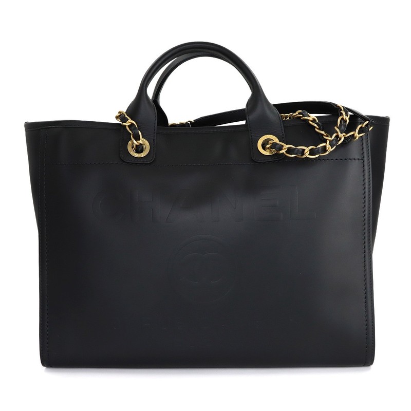 CHANEL Deauville GM Tote Chain Shoulder Bag Leather Black Purse 90322242