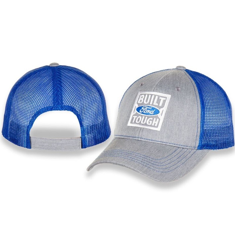 CHECKERED FLAG SPORTS FORD BUILT TOUGH LOGO EMBROIDERED GRAY and BLUE MESH HAT