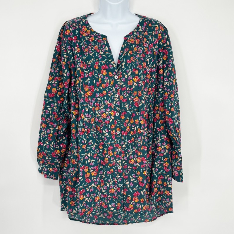 Romans 20W Green Floral Pintucked Prarie Cottagecore Boho Rolled Sleeves Top