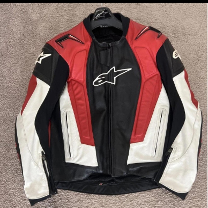 Alpinestars Leather Motorcycle Jacket Black Red White Racing Biker CE Armor Zip