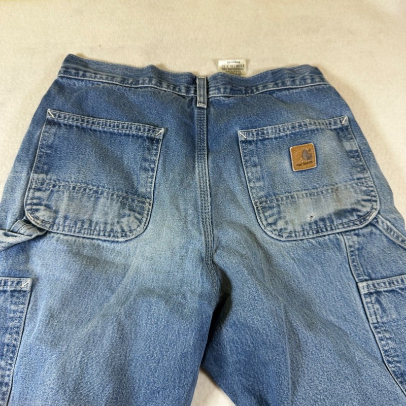 Carhartt B13 DST Mens Loose Fit Carpenter Dungaree Jeans Blue Distressed 30×32