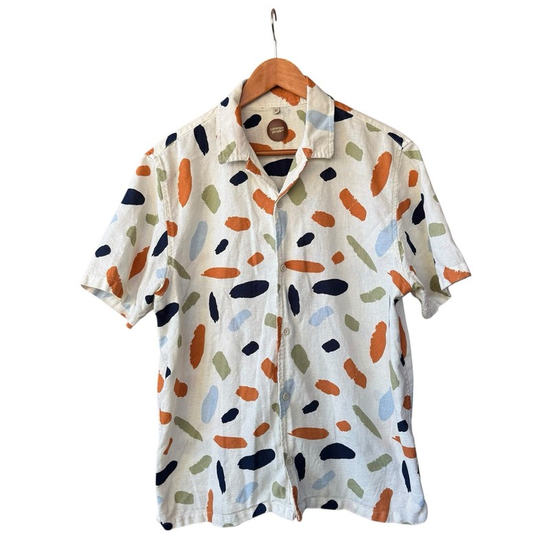 Common People Mens Contour Short Sleeve Button Up Shirt Ecru Paint Swatch XL