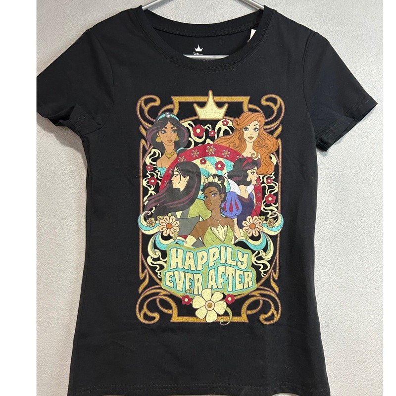 Disney Princess Girls Medium Graphic Tee Black Happily Ever After Ariel Tiana