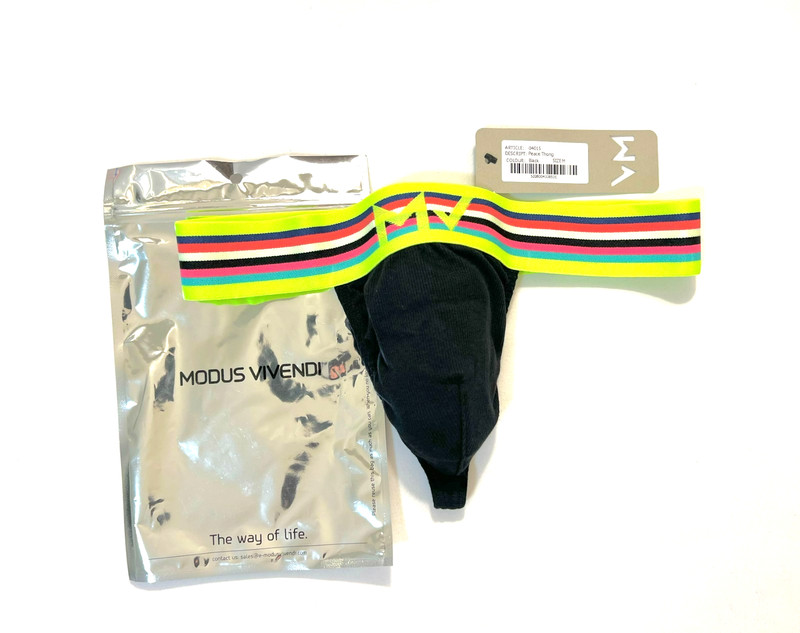 Modus Vivendi Size M Ribbed Cotton Peace T-Back Thong – Black/Multi Color
