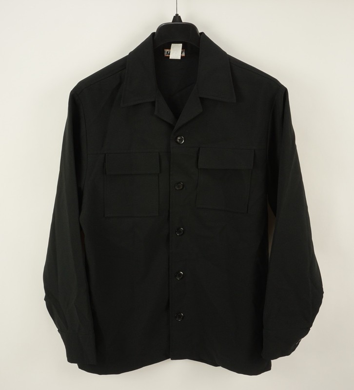Vintage 1980s YMLA Open Collar Camp Shirt Jacket Mens Medium Black Woven Stretch