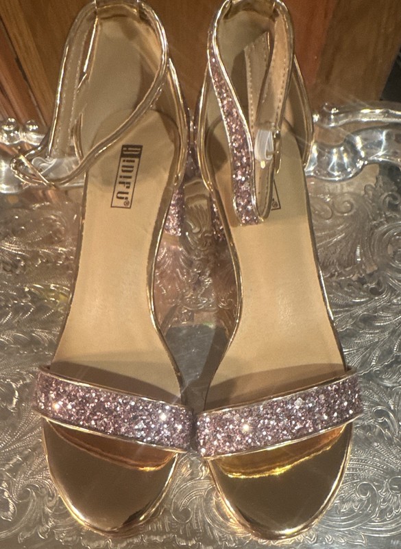 IDIFU GlitPink/Gold Glitter Strappy Open Toe Block Heel Ankle Strap Buckle US 7