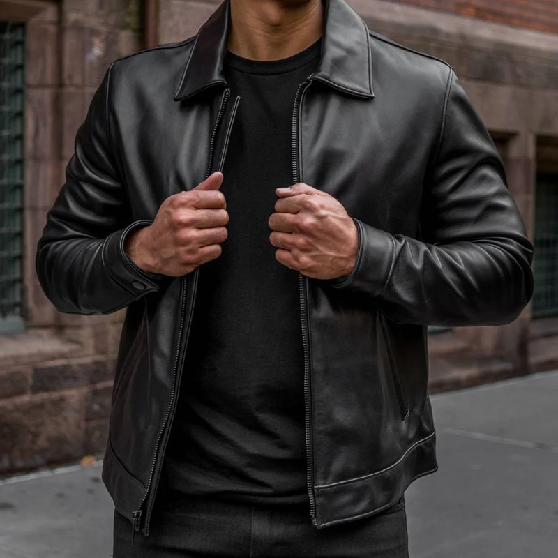 Men’s Genuine Lambskin Leather Jacket Black Shirt Collar Racer Cafe Casual Coat
