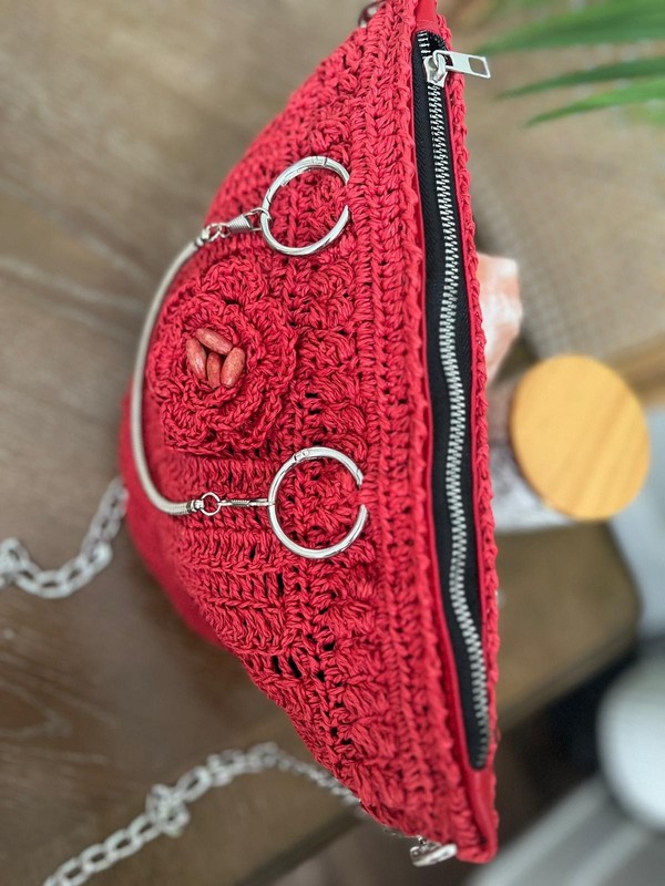 Red Half Moon Knitted Paper Yarn Crossbody Bag Silver Chain Strap Handmade gallery
