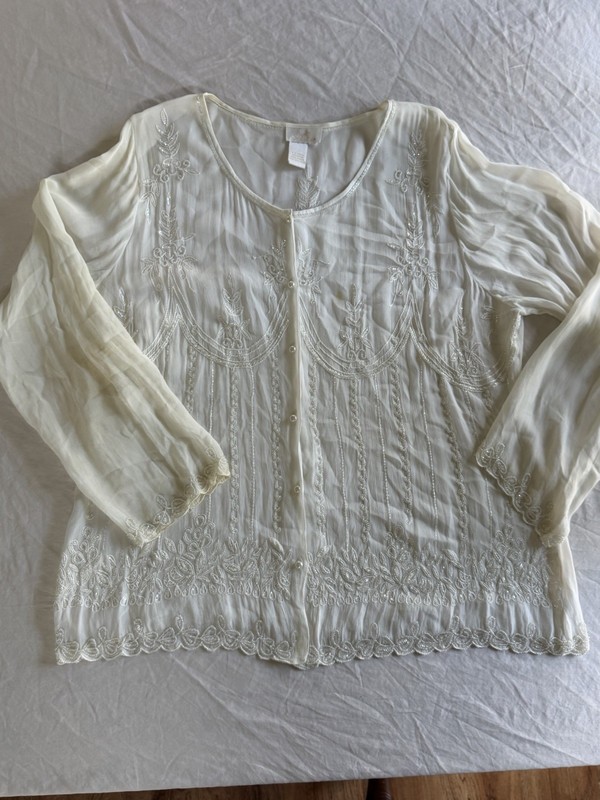 Soft Surroundings White Semi Sheer Beaded Pearl Button Dressy Top Size Large