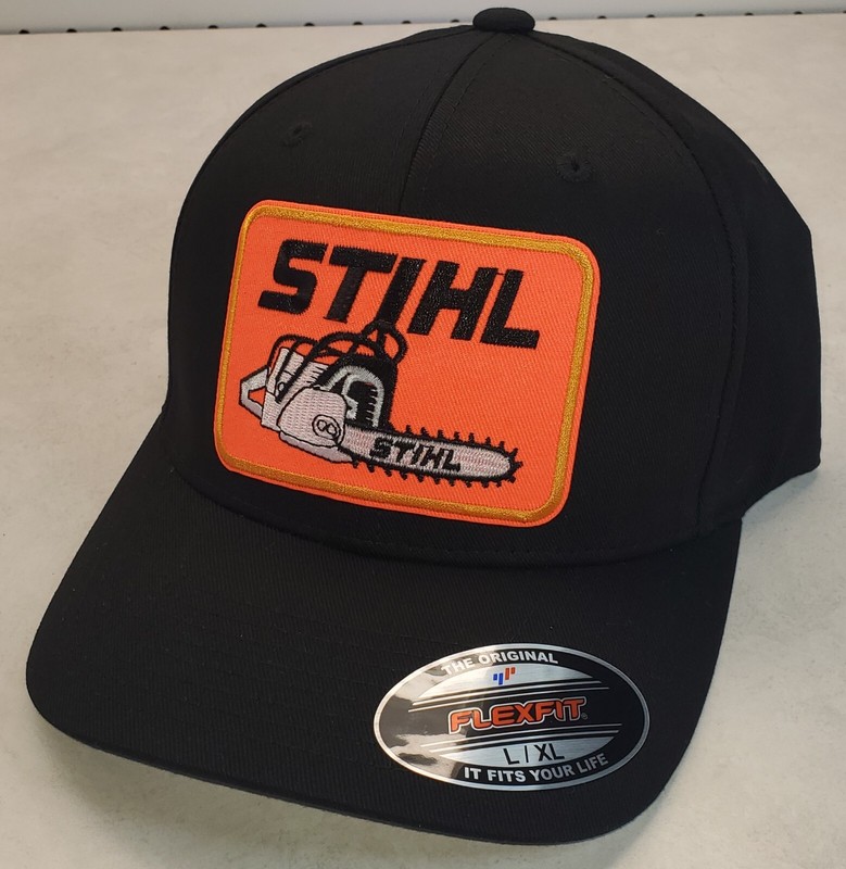 STIHL Safety Orange Patch Flexfit Hat / Black – L/XL 7 1/8″ – 7 5/8″