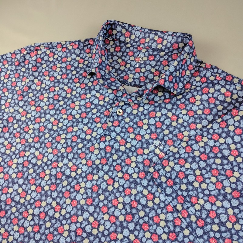 Rhoback Polo Shirt Mens L Blue Pink White Azalea Golf Performance Floral Beach