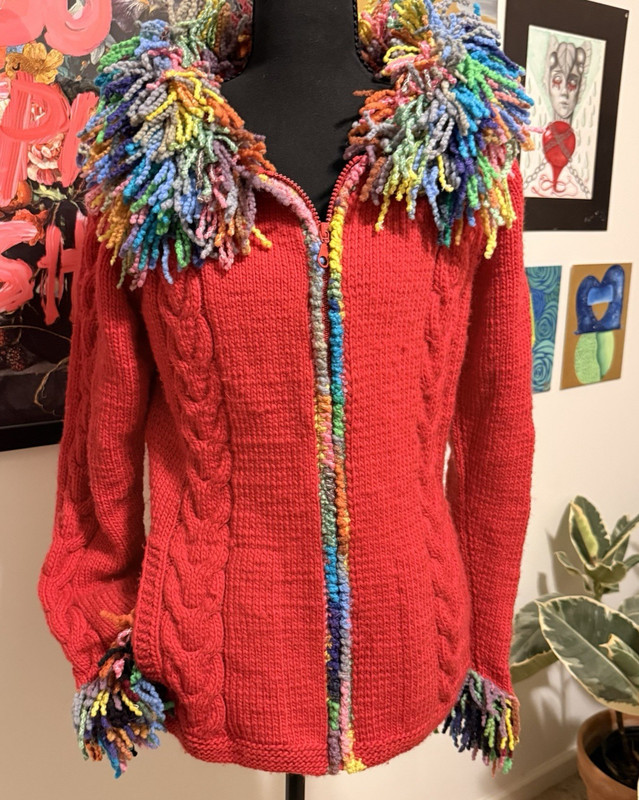 The Sweater Venture Zip Cardigan Medium 100% Wool Red Rainbow Fringe Art To Wear
