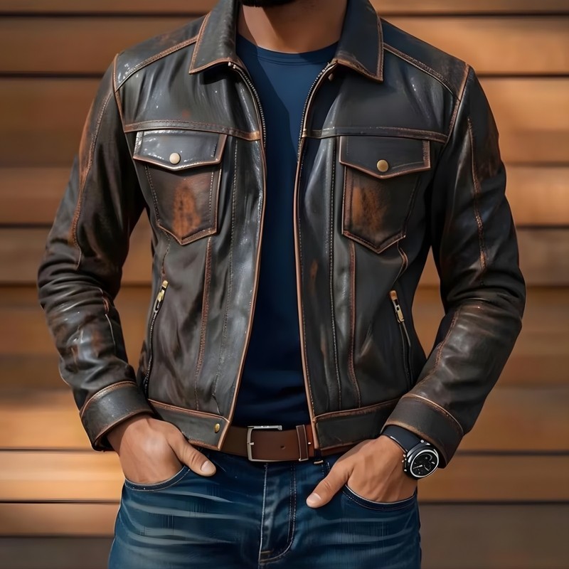 Men’s Distressed Brown Real Leather Jacket Vintage Slim Fit Biker Trucker Style