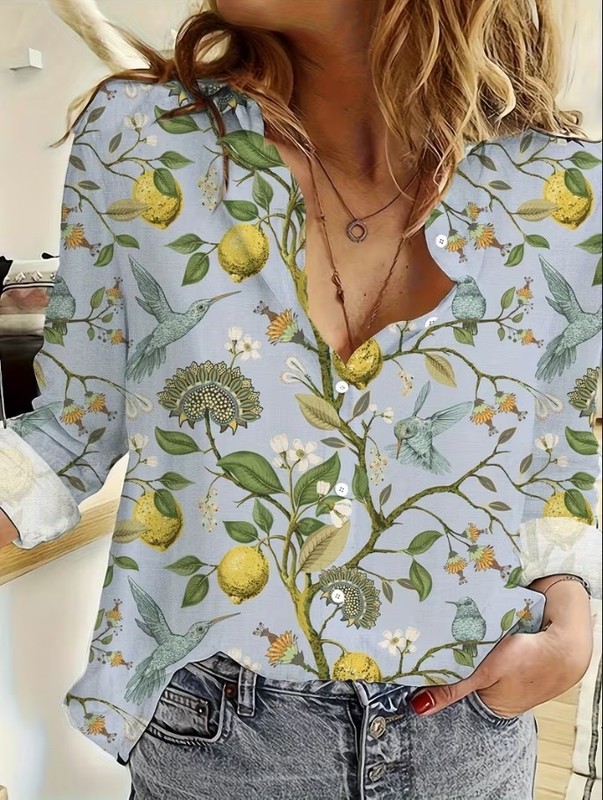 Women’s Vintage Floral Hummingbird Print Button Up Top Casual Spring Shirt