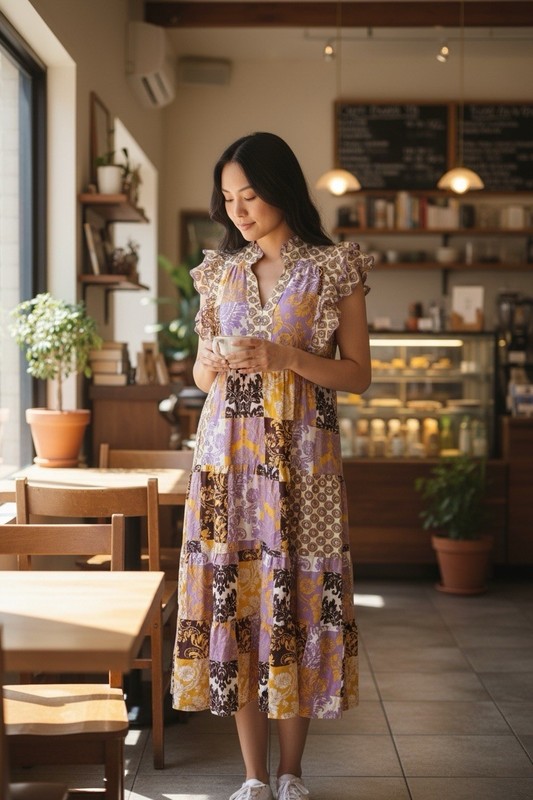 Umgee Purple/Yellow Patchwork V-Neck Flutter Sleeve Tiered Ruffle Dress M