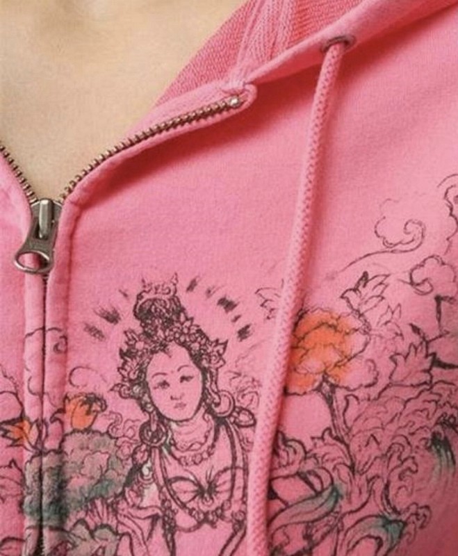 LUCKY BRAND Hoodie Womens X-Small Pink Asian Inspired Lotus Goddess Zip Front gallery