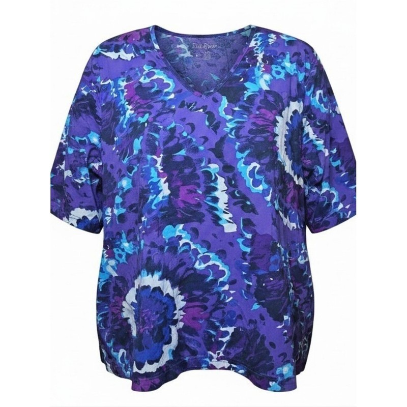 ULLA POPKEN | Purple Floral Artsy Cotton Tunic Boxy Tee Plus | 32 34 5X 6X