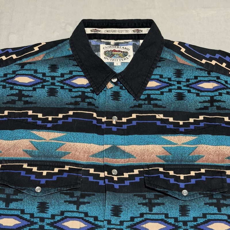 Cumberland Outfitters Western Shirt Mens Large Pearl Snap Aztec Navajo Turquoise gallery
