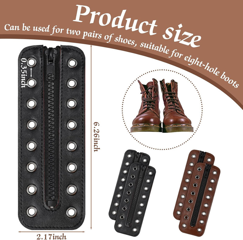 4 Pcs PU Leather Boot Zipper Inserts - Tieless Lace up Zipper Laces 8 Eyelet for gallery