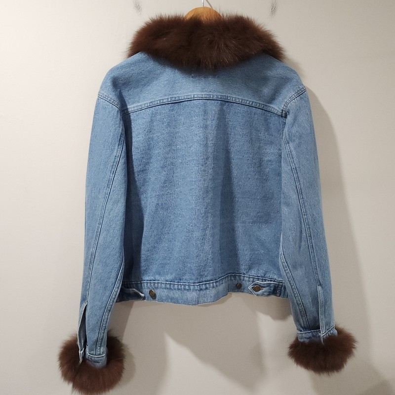 Vintage Y2K Real Fur Trim Denim Jacket Classic Old Money City Outdoor Boho gallery
