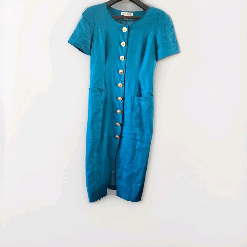 Marie St. Claire Teal 90s Vtg Mom Coat Dress Size 12 Giant Gold Buttons Linen