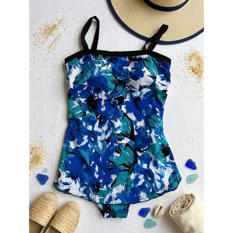Maxine of Hollywood Blue Floral Tiered One Piece Swimdress Womens 16 MM3MW31